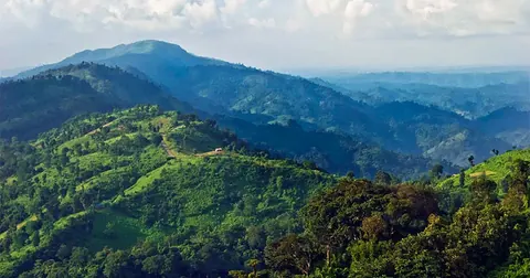Forested ridges rolling away under a clear sky in Bandarban