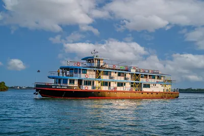 A multi-deck cruise vessel on a wide river under white clouds