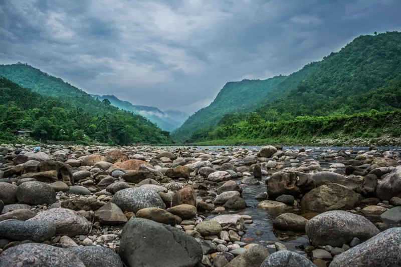 Grey stones in a clear river below forested hills